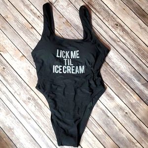 Novelty Swimsuit, Black, One-piece, Lick Me Til Ice Cream, Medium or Large